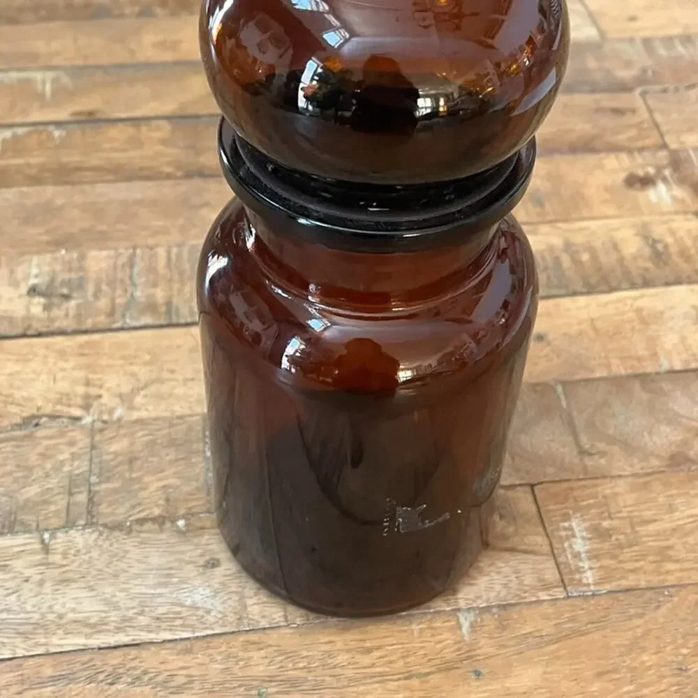 Vintage Belgium Brown Amber Glass Container Apothecary Jar Bubble Lid